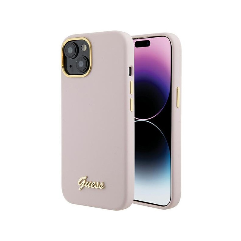 Guess Silicone Script Metal Logo & Frame Back Case for Apple iPhone 15