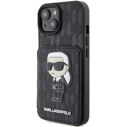 Karl Lagerfeld Saffiano Cardslots and Stand Monogram Ikonik Back Case for Apple iPhone 15