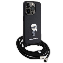 Karl Lagerfeld Crossbody Saffiano Monogram Metal Pin Karl & Choupette Back Case for Apple iPhone 15 Pro