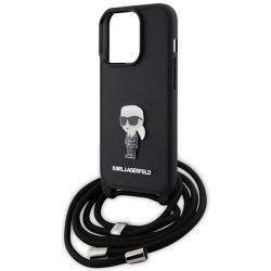 Karl Lagerfeld Crossbody Saffiano Monogram Metal Pin Karl & Choupette Back Case for Apple iPhone 15 Pro