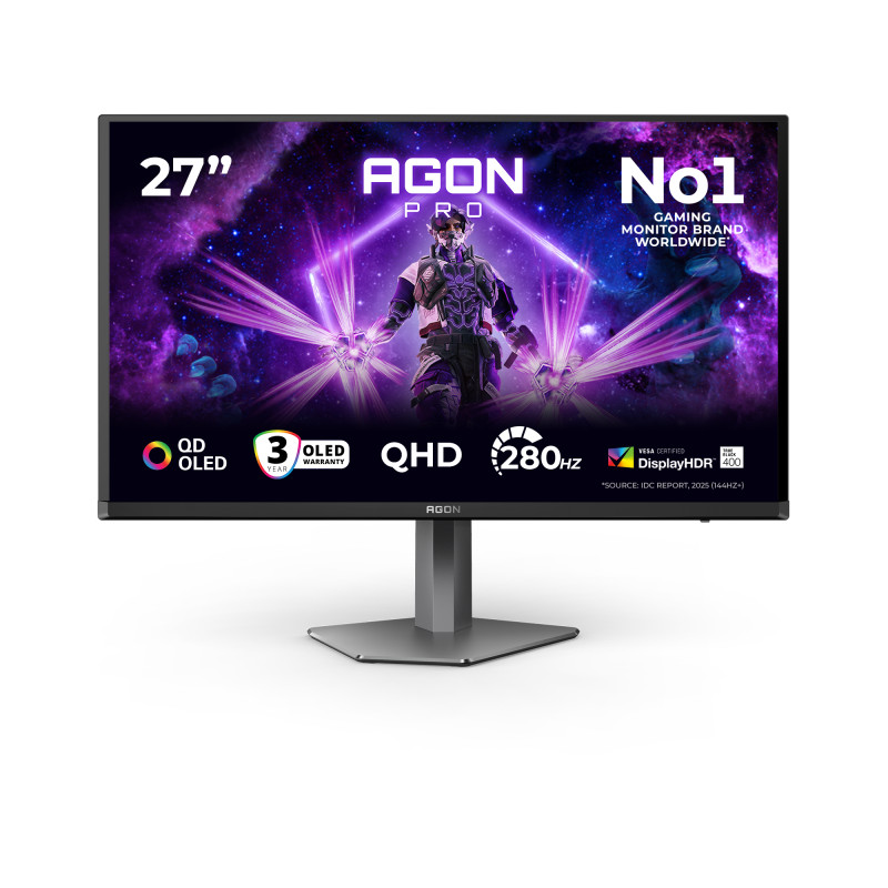 AOC AGON PRO AG276QZD2 kompiuterio monitorius 67,3 cm (26.5") 2560 x 1440 pikseliai Quad HD QD-OLED Juoda, Pilka