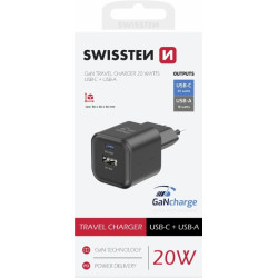 Swissten Travel Charger GaN USB-C 20W PD / USB-A 18W QC