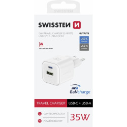 Swissten Travel Charger GaN USB-C 35W PD / USB-A 27W QC