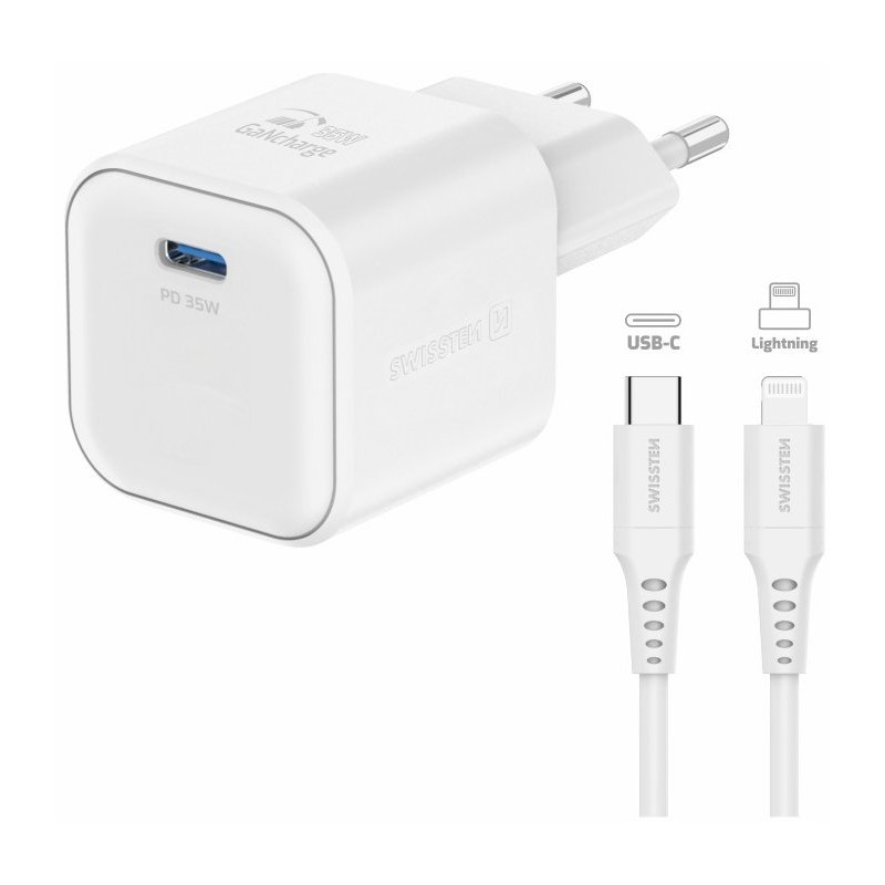Swissten Travel Charger GaN USB-C 35W PD + Data Cable USB-C - Lightning 1.2m