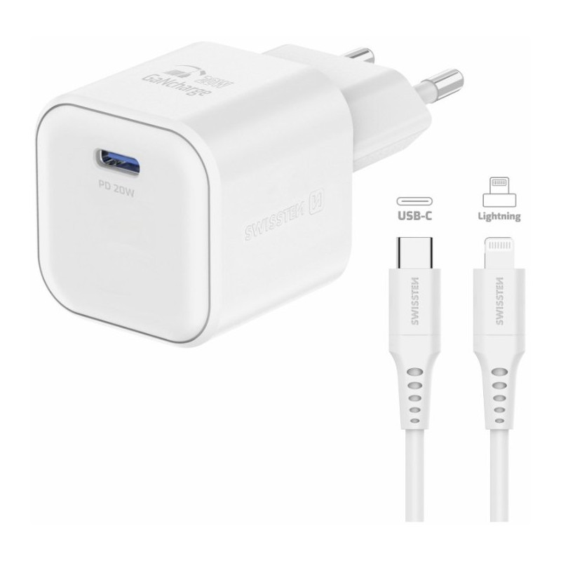 Swissten Travel Charger GaN USB-C 20W PD + Data Cable USB-C - Lightning 1.2m