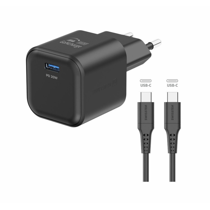Swissten Travel Charger GaN USB-C 20W PD + Data Cable USB-C-USB-C 1.2m