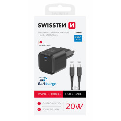 Swissten Travel Charger GaN USB-C 20W PD + Data Cable USB-C-USB-C 1.2m