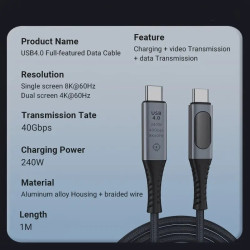 RoGer PD24VB USB-C 4.0 Cable with voltmeter PD240W / 40Gbps / 8K60Hz / 1m