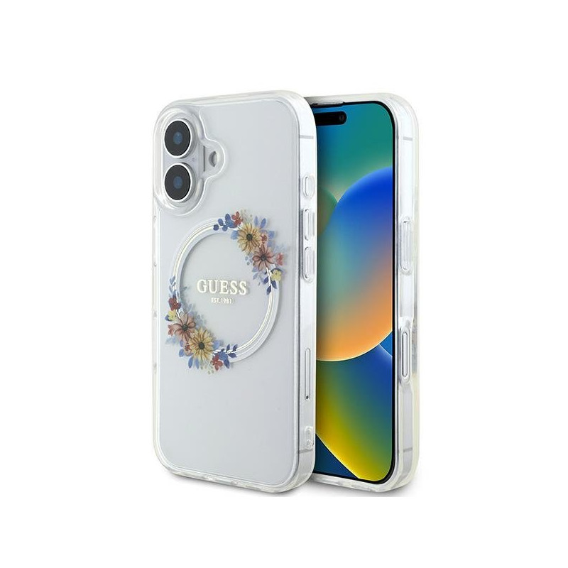 Guess IML Flowers Wreath MagSafe Case for Apple iPhone 16 Plus