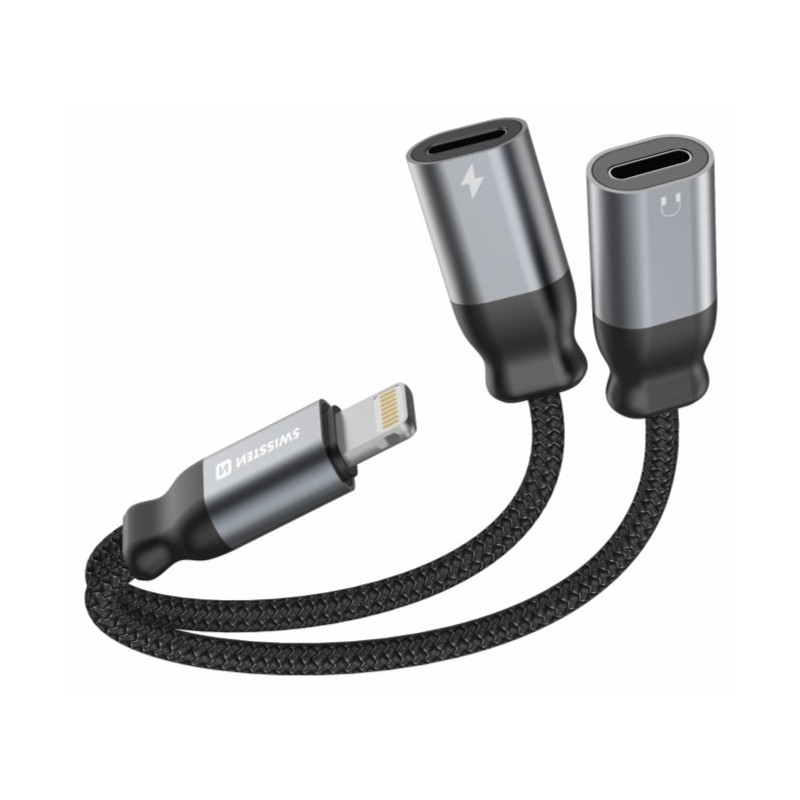 Swissten Textile Lightning Audio Charging Adapter 2x Lightning 0.12m