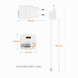 Swissten SlideCHARGE Power Charger GaN 45W USB-A 18W With retractable USB-C cable 0.75m white