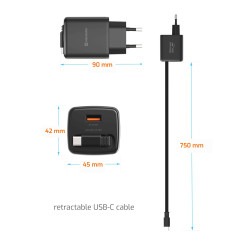 Swissten SlideCHARGE Power Charger GaN 45W USB-A 18W With retractable USB-C cable 0.75m black