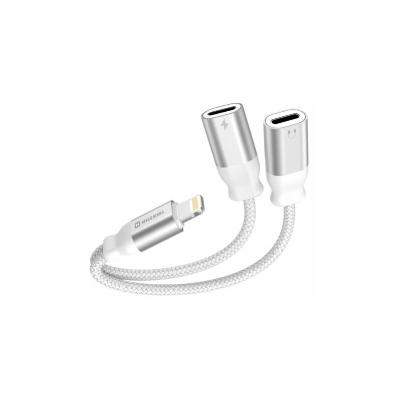Swissten Textile Lightning Audio Charging Adapter 2x Lightning 0.12m