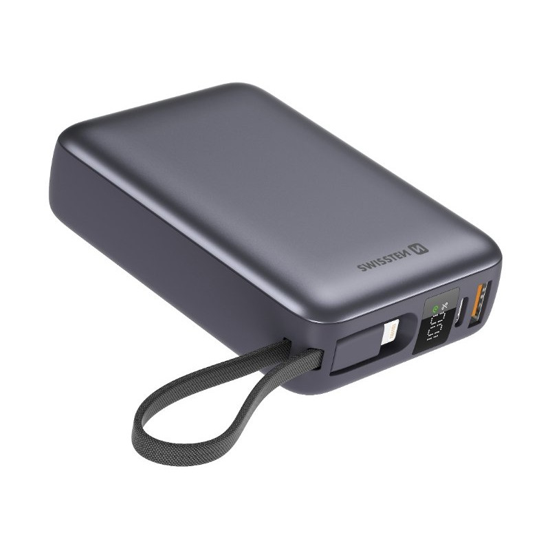 Swissten Power Bank 20000 mAh with Built-In Cables USB-C and Lightning