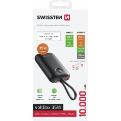 Swissten Voltbox 35W Power Bank 10000 mAh with Built-In Cables USB-C and Lightning