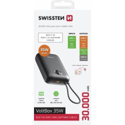 Swissten Voltbox 35W Power Bank 30000 mAh with Built-In Cables USB-C and Lightning