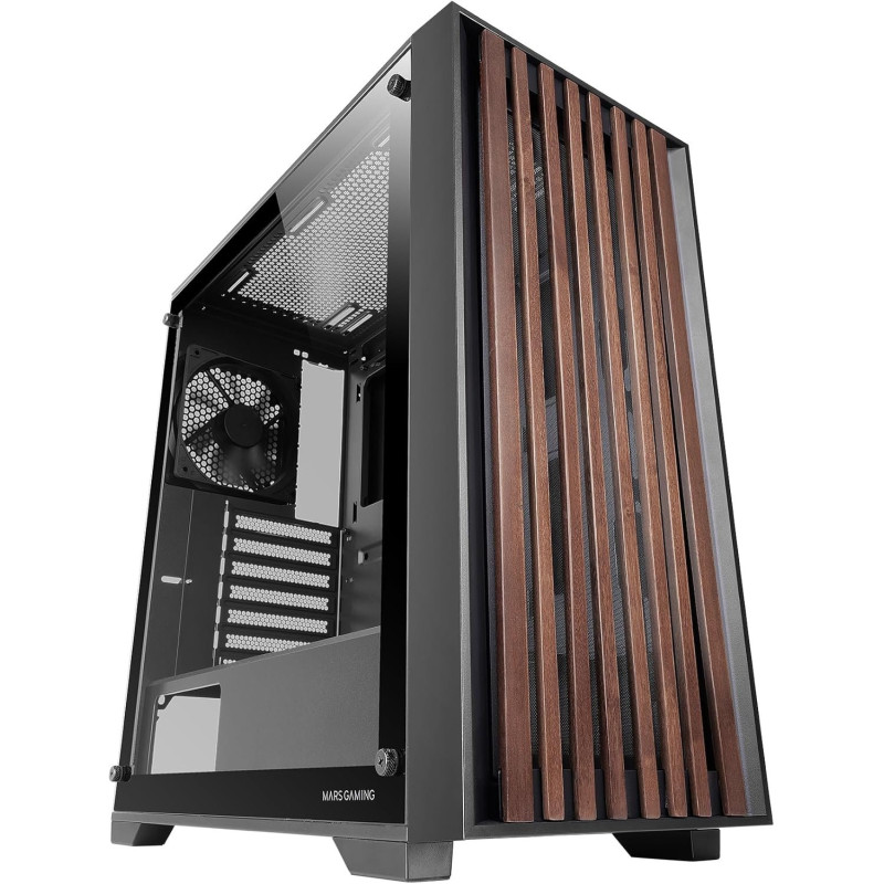 Mars Gaming MCWOOD Computer ATX Case with wooden slats / Tempered Clear Glass