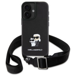 Karl Lagerfeld Saffiano Crossbody Strap Metal Karl and Choupette Case for Apple iPhone 16