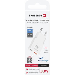 Swissten Slim Travel GaN USB-C / USB Charger 30W
