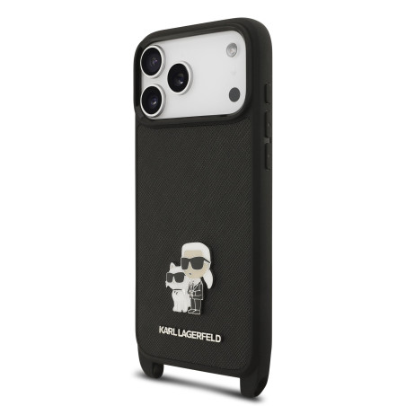Karl Lagerfeld Saffiano Crossbody Strap Metal Karl and Choupette Case for Apple iPhone 17 Pro Max
